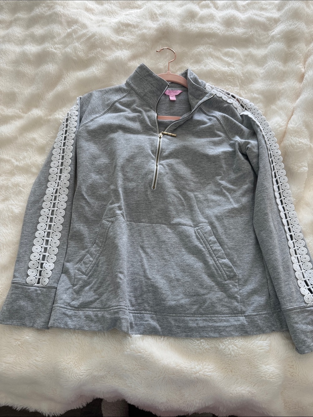 Lilly Pulitzer Gray Half-Zip Sweater with White Lace Trim